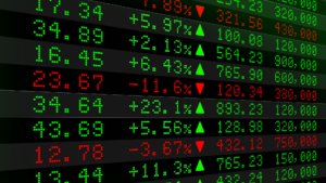 Painel eletrônico exibindo cotações do mercado financeiro com números em verde e vermelho. Os valores em verde indicam altas, acompanhados de setas para cima e percentuais positivos, enquanto os valores em vermelho indicam quedas, com setas para baixo e percentuais negativos. Cada linha mostra preços, variação percentual e volume negociado, simulando um quadro típico de bolsa de valores.